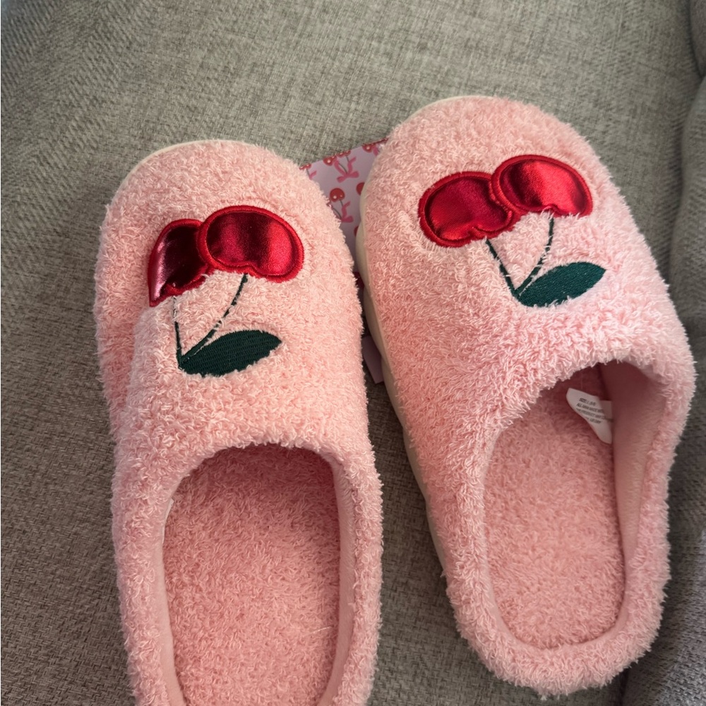 Pink Fuzzy Cherry Slide Slippers